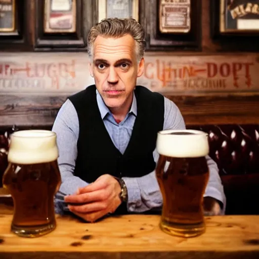 Prompt: jordan peterson drinking a delicious pint in a english - style pub, warm lighting, cozy, inviting, photo realistic