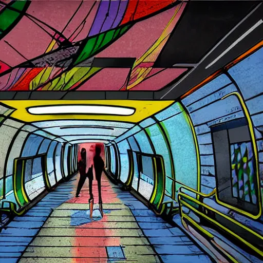 Image similar to a subway station with a graffiti painted subway train, dramatic light, award winning, concept art, art station, in the style of inio asano