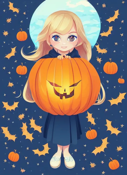 Image similar to little girl with long blonde hair holding a pumpkin. bats in the background. clean cel shaded vector art. shutterstock. behance hd by lois van baarle, artgerm, helen huang, by makoto shinkai and ilya kuvshinov, rossdraws, illustration, art by ilya kuvshinov