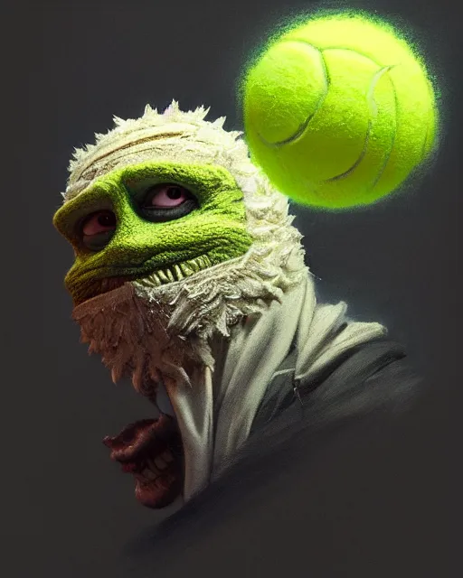 Image similar to highly detailed vfx portrait of a character of a tennis ball monster, balaclava, stephen bliss, chalk, cherub, unrealengine, greg rutkowski, loish, rhads, beeple, chalk, makoto shinkai and lois van baarle, ilya kuvshinov, rossdraws, tom bagshaw, basil gogos