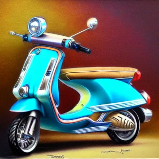 Prompt: hyper realistic pencil drawing of a turquoise vespa moped, water color, detailed, rim light, diffused, intricate, by thomas kinkade,