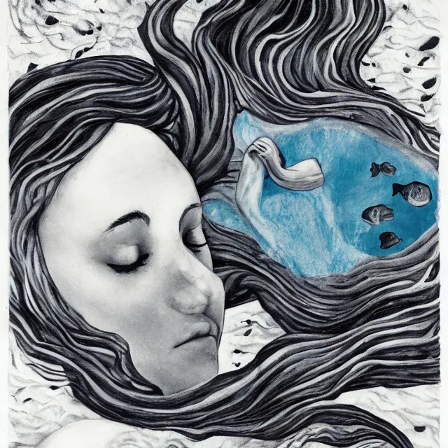 Image similar to a female art student falling asleep, misty, iceberg, black paint, dark, sensual, dreamy, waves, swirls, blue drips, fish, blueberries, octopus, neo - impressionist, surrealism