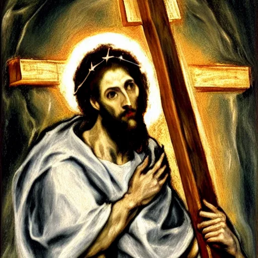 Prompt: A beautiful Christ carrying the cross with the crown of thorns, as painted by El Greco, vibrant color scheme, highly detailed, in the style of romanticism, fine Art, high detail, great lighting, 8k resolution, masterpiece, concept art, illustration, clear eyes, soft lighting, soft details, painting oil on canvas, octane render, HDR, trending on artstation, 4k, 8k, HD