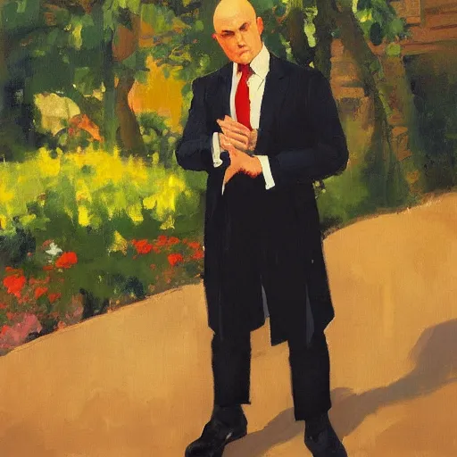 Image similar to a portrait of agent 4 7 from hitman wearing a red tie playing a guitar in a monestary garden by gregory manchess, james gurney, james jean