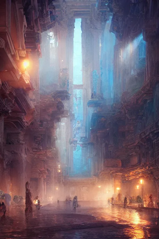 Prompt: inside the street of the city of atlantis, powerfull, intricate, elegant, volumetric lighting, digital painting, highly detailed, artstation, sharp focus, illustration, concept art, ruan jia, steve mccurry