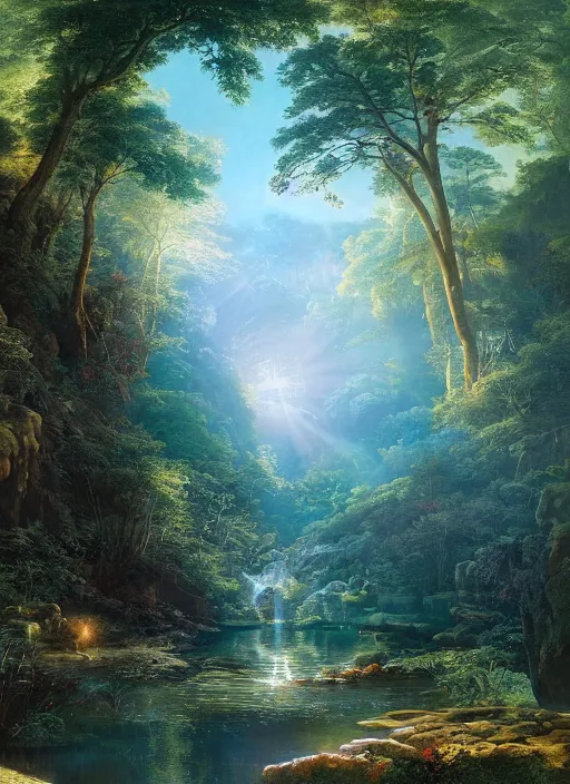 Image similar to a forest oasis, rock pools, harmony of nature, infinite dawn, angelic light, sparkling dew, epic atmosphere, by asher brown durand, by iyoshitaka amano