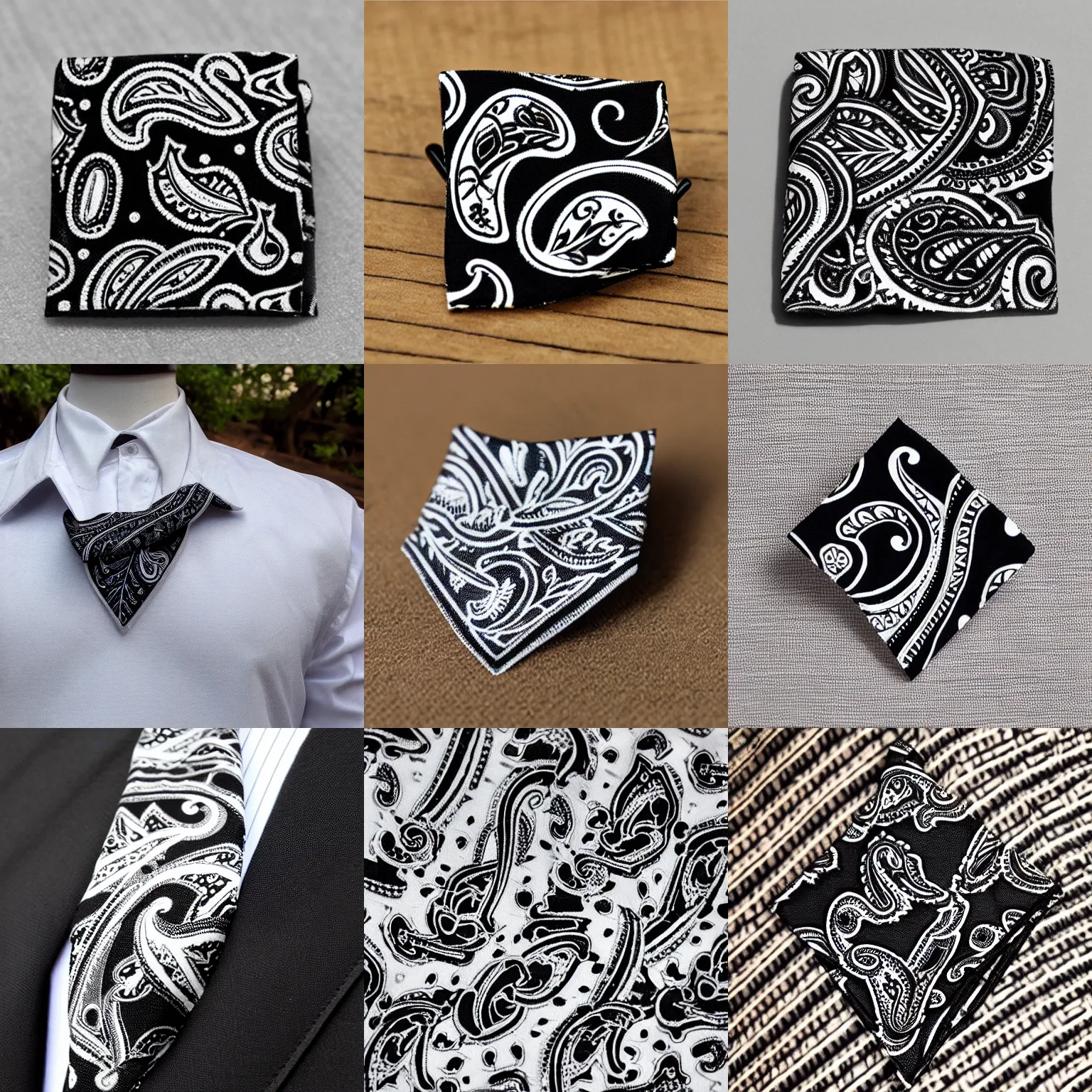 Prompt: “black and white paisley hanky bandana lapel pin, high quality well lit product photo, cute”