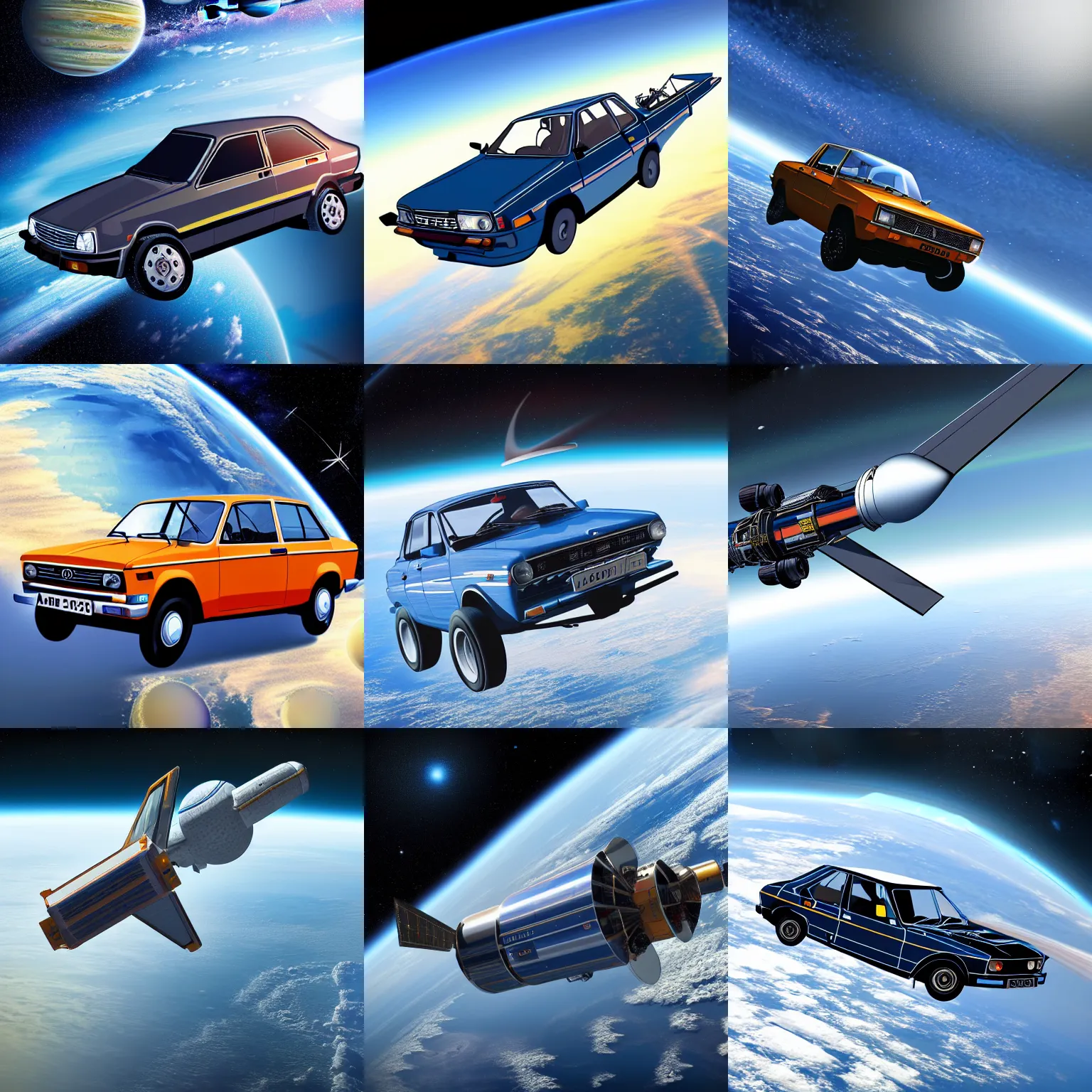Prompt: lada 2 1 0 9 in space in orbit of the planet earth, hyper detailed, hight detailed, ultra realistic, no blur, 8 k