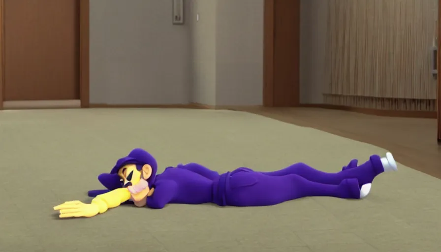 Image similar to still from a masterpiece moody A24 animation: Waluigi laying down while going to therapy