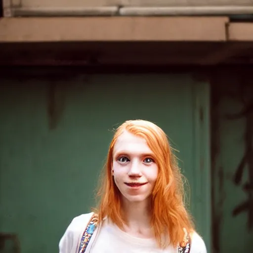 Image similar to Portrait photograph of a Strawberry-Blonde Girl, Young Beautiful Face, Green Eyes, Freckles, Wearing a white crop-top and jeans, with a subtle smile, Humans of New York Style, Leica Camera 50mm lens, street photography, grainy film photo