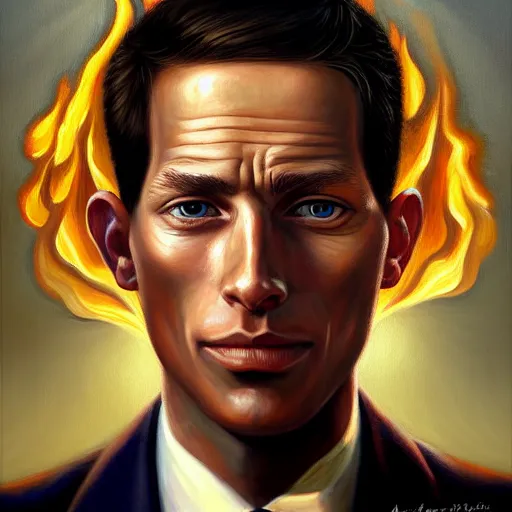 Prompt: a hyper realistic painting of a patient young man in a burning business suit, coherent symmetrical eyes, calm face, by jeffrey smith, by andrea kowch, by steve henderson, masterpiece, trending on artstation,