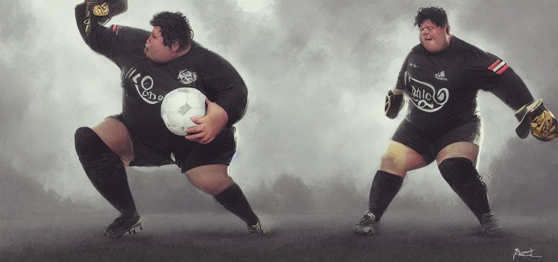 Prompt: a fat goalkeeper saving a penalty, black jersey, short hair, fog, magic, 8k, james gurney, greg rutkowski, john howe, artstation