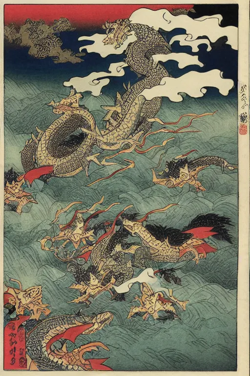 Image similar to A sea of dragons by Utagawa Kuniyoshi, ukiyo-e, nightmare ocean storm