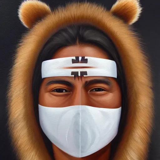 Image similar to painting portrait of a native american wearing a face mask that looks like a bear, artstation, ultra detailed