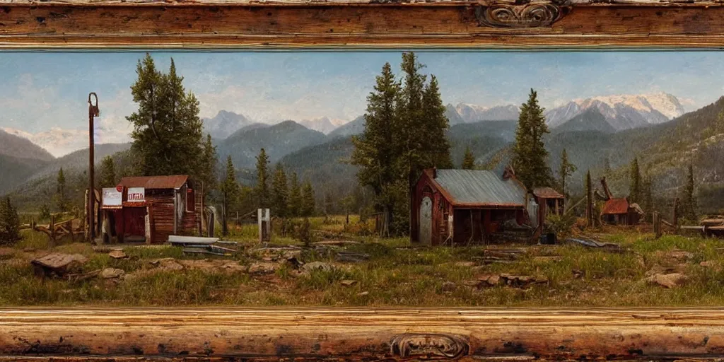 Image similar to an abandoned old rusty American gas station in Colorado mountains, oil painting, highly detailed, artwork, in style of Albert bierstadt