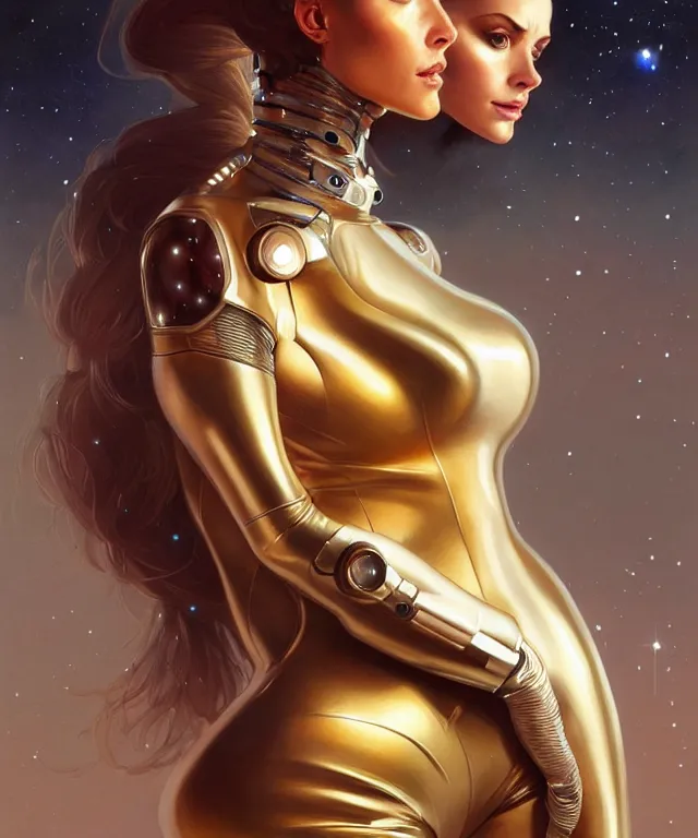 Image similar to futuristic Bodycon spacesuit of an alluring woman portrait, sci-fi, amber eyes, face, long hair, fantasy, intricate, elegant, highly detailed, digital painting, artstation, concept art, smooth, sharp focus, illustration, art by artgerm and greg rutkowski and alphonse mucha