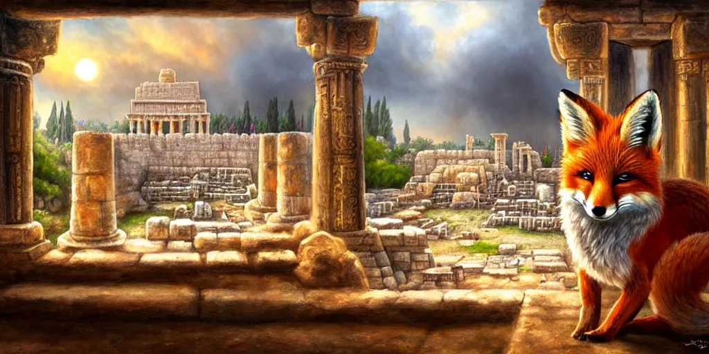 Image similar to illusion painting hidden temple : an adorable small fox in the huge ruins of the second temple in jerusalem in the distance. the third temple hovers quietly hiding in the dreamy clouds above. a hooded bearded old man in a brown tunic laughing, colorful 8 k, art station, intricate superb details, digital art, illusion painting hidden image.