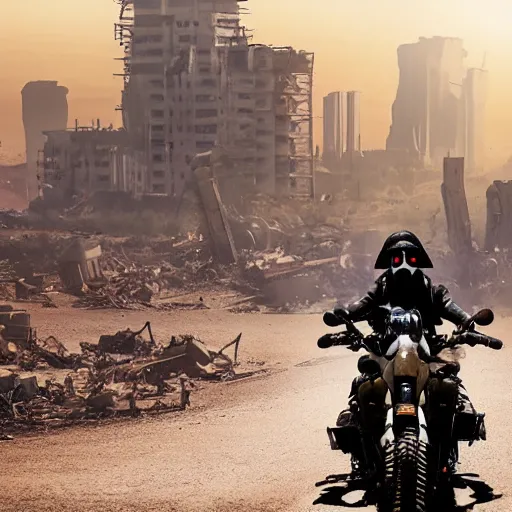 Prompt: Post Apocalyptic scavenger riding a motorcycle in a large desert with a damaged city in the background, 4k