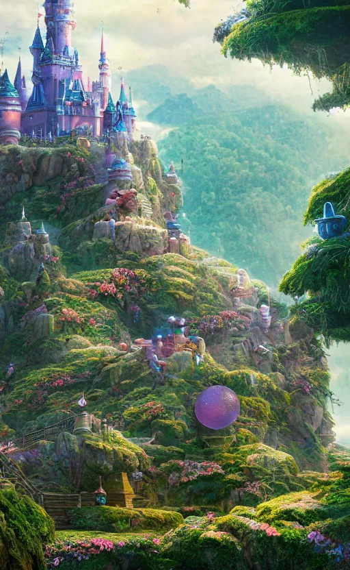 Prompt: microscopic castle on a hill, magical forest, community, robots, electric, furry, soft, concept art, intricate details, highly detailed, photorealistic, disney pixar, octane render, iridescent, anime, 8 k