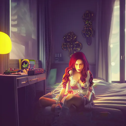 Image similar to prompt : gamer girl, bedroom desk, site - specific art, moody lighting, volumetric light, ray tracing global illumination, insanely detailed and intricate, hypermaximalist, elegant, ornate, hyper realistic, super detailed, artstation, by yaoy kusama