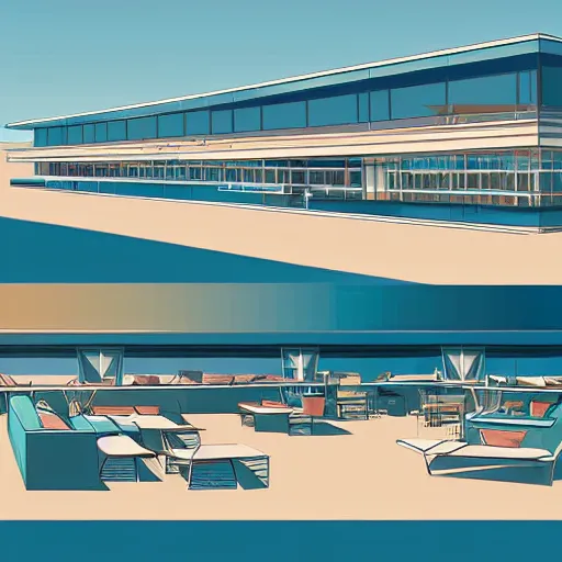 Image similar to rooftop bar overlooking beach in the style of Antoni Guadi, in the style of Mies van der rohe, digital illustration, Style of Moebius