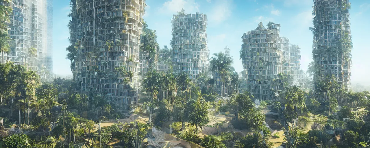 Image similar to contemporary golden babylon tower, sacred ancient architecture, hanging gardens, cascading highrise, arid mountains with lush palm forest, sunlight, post - production, octane, cgi, sfx