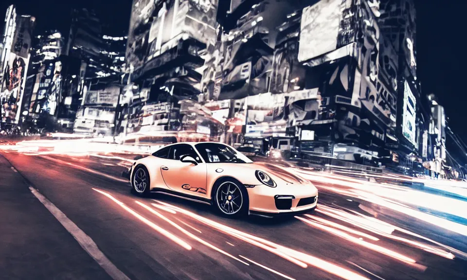 Image similar to photo of a porsche 911 at night drifting through a city, cinematic, 4k, long exposure photography, tokyo drift, fast and furious, film still, night photography, motion blur, lens flare, movie shot, light trail, distortion, wide angle, reflections