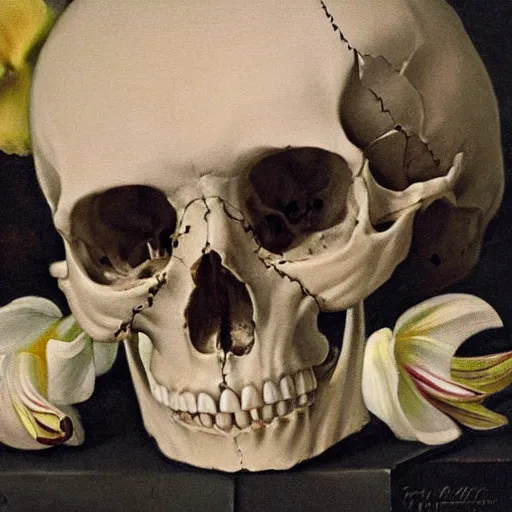 Image similar to a painting of a human skull with diamonds for eyes nestled on a bed of white lilies, dark shadowy background, in the style of a still life painting by francisco de zurbaran