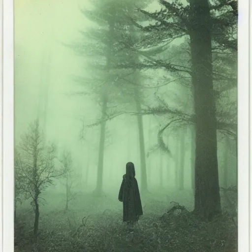 Image similar to an ancient evil-girl on a mysterious fractal forest, mist, 1910 polaroid photography, Black and white