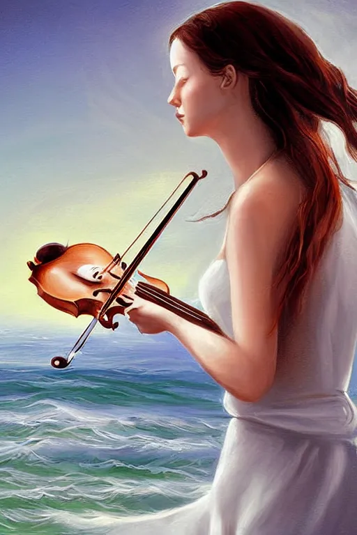 Image similar to beautiful mystical digital painting girl playing violin wearing a long white dress over a wavy ocean by Victor hughes