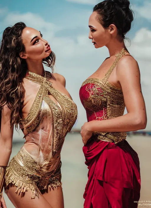 Image similar to portrait of lindsey pelas and gal gadot wearing kebaya in bali temple, by charlotte grimm, natural light, detailed face, beautiful features, symmetrical, canon eos c 3 0 0, ƒ 1. 8, 3 5 mm, 8 k, medium - format print, half body shot