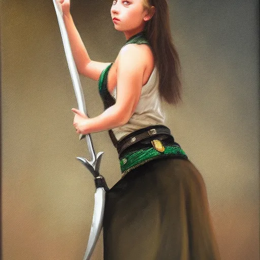 Image similar to oil painting of a jade sword hanging from the belt of a girl knight, hyperrealistic painting, deviantart, baroqe