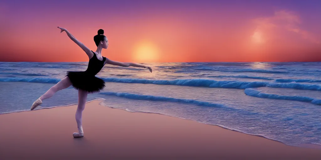 Image similar to a beautiful ballet dancer on a beach at sunrise, cinematic angle, studio Ghibli, volumetric lighting, breathtaking, beautiful composition, intricate, elegant, digital art, detailed, oil painting, hyperrealistic, sharp focus, 8k