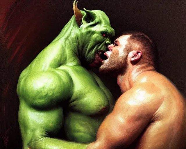 Image similar to romantic fantasy oil painting portrait of two male orc warriors kissing, wearing leather armor, their skin is green. fantasy art by greg rutkowski and john singer sargent