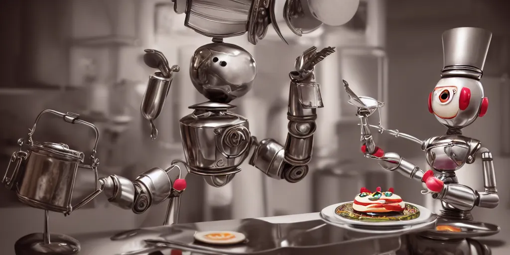 Prompt: closeup portrait of tin toy retro robot chef cooking pastry in a kitchen, depth of field, zeiss lens, detailed, centered, fashion photoshoot, by nicoletta ceccoli, mark ryden, lostfish, breathtaking, 8 k resolution, extremely detailed, beautiful, establishing shot, artistic, hyperrealistic, octane render