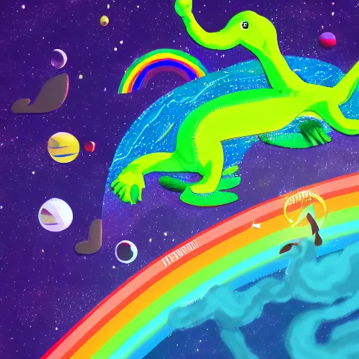 Prompt: a picture of the loch ness monster flying in space wearing rainbow colored slotted shapes, psychedelic, absurdism, ultrawide angle, stars in space, 4 k, artstation