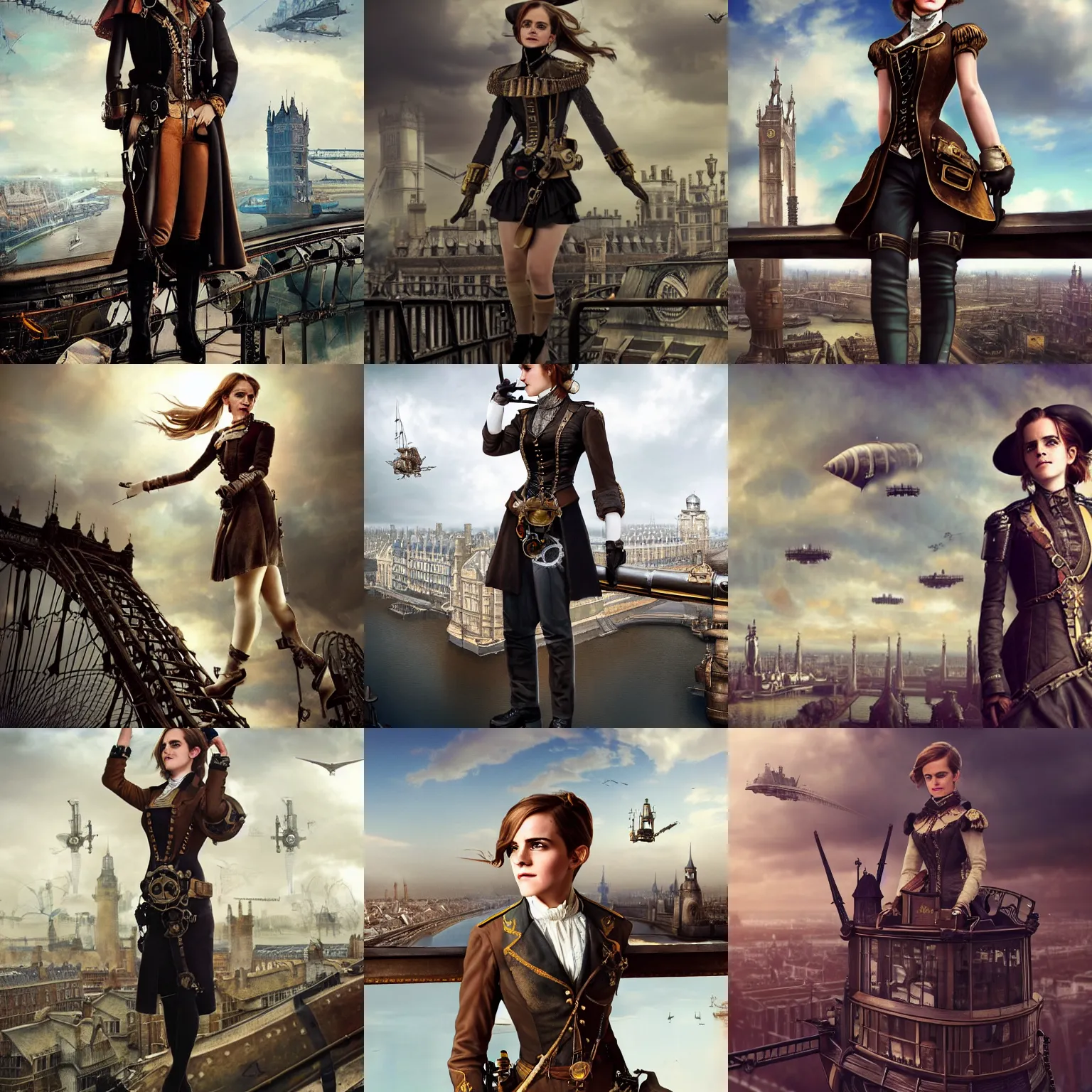Prompt: Emma Watson as a steampunk airship pilot standing on the bridge of her airship, looking out over Victorian London, digital steampunk art, trending on ArtStation