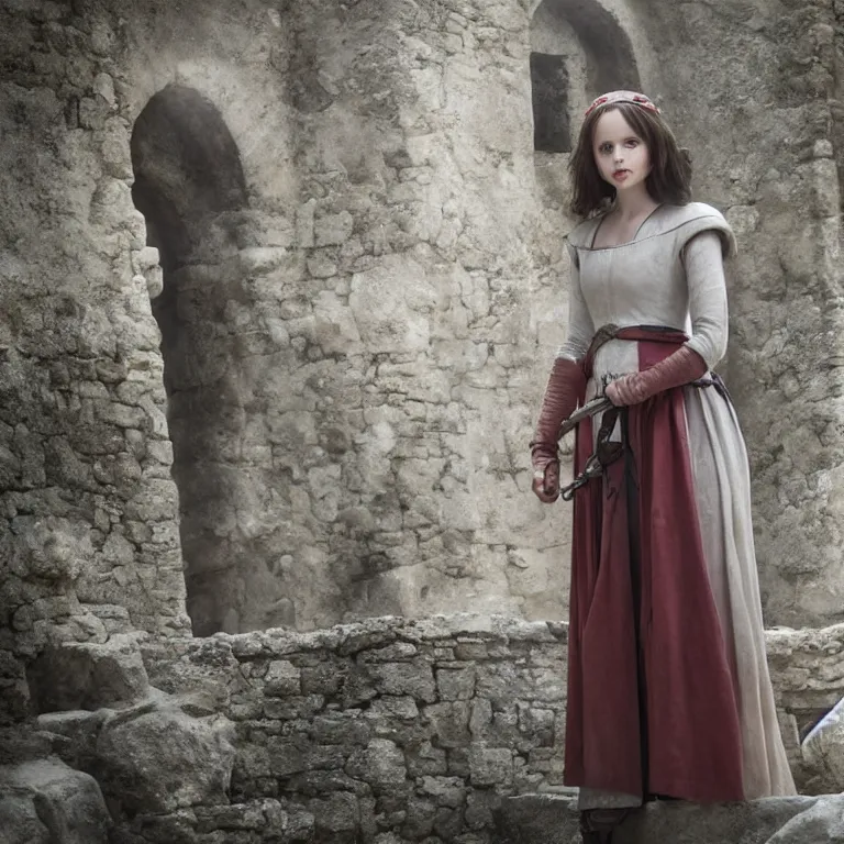 Image similar to portrait of felicity jones as a beautiful medieval maiden in a stone courtyard, confident pose, coherent, insane detail, concept art, character concept, cinematic lighting, global illumination radiating a glowing aura