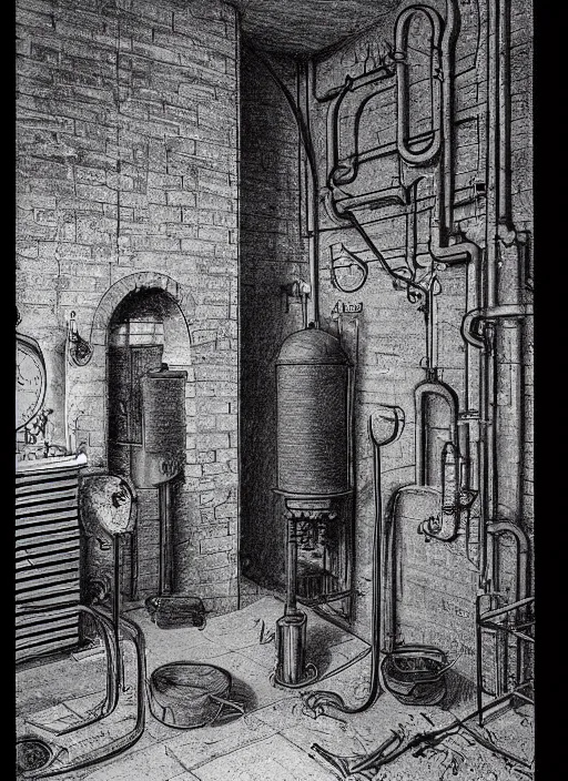 Image similar to 19th century boiler room, brick basement, furnace room, boiler stove, pipes, ducting, wires, dolls heads, drawing by Laurie Lipton