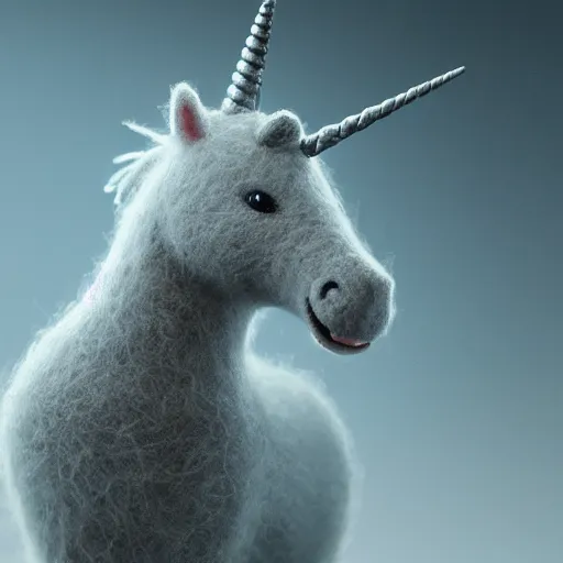 Image similar to full body pose, hyperrealistic photograph of a cute wooly unicorn, dim volumetric lighting, 8 k, octane beautifully detailed render, extremely hyper detailed, intricate, epic composition, cinematic lighting, masterpiece, trending on artstation, very very detailed, stunning, hdr, smooth, sharp focus, high resolution, award, winning photo, dslr, 5 0 mm