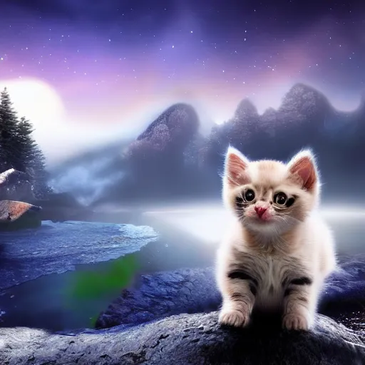 Image similar to Kitten realistic 4k HD fantasy world water trees mountains ice snow fog