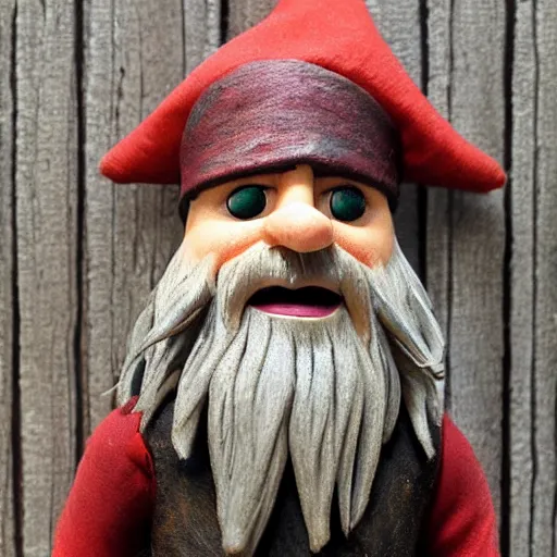 Image similar to a scraggly pirate gnome worn after days of travel on a pirate ship, white beard, realistic