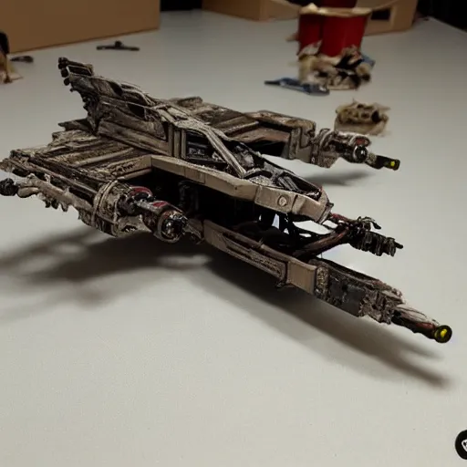 Image similar to a sci - fi flying speeder built out of scavenged parts.