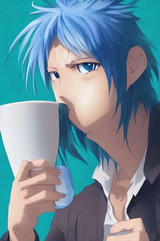 Image similar to portrait of an anime guy with messy blue hair bored while holding a cup of water, wlop, trending on artstation, deviantart, anime key visual, official media, professional art, 8 k uhd