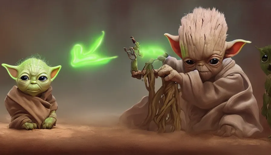 Image similar to Digital painting of Baby Yoda talking with Groot, hyperdetailed, artstation, cgsociety, 8k