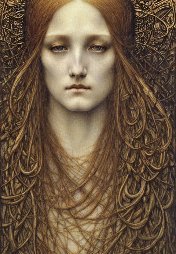 Image similar to detailed realistic beautiful young medieval queen face portrait by jean delville, gustave dore and marco mazzoni, art nouveau, symbolist, visionary, gothic, pre - raphaelite. horizontal symmetry