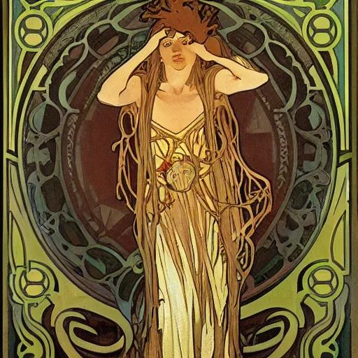 Image similar to lovecraftian protagonist by alphonse mucha