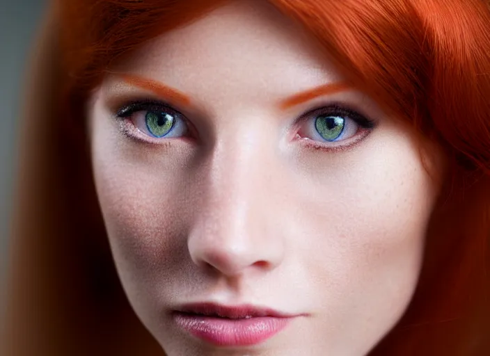 Image similar to 5 5 mm portrait photo of a redhead woman's face with ( intricate cat eyes )!!. highly detailed 8 k. intricate. lifelike. soft light. nikom d 8 5 0. cinematic post - processing