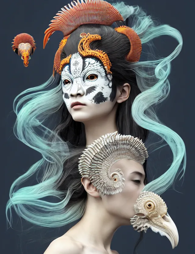 Image similar to 3 d slvic goddess half - turn portrait with long hair with ram skull. beautiful intricately detailed japanese crow kitsune mask and clasical japanese kimono. betta fish, jellyfish phoenix, bio luminescent, plasma, ice, water, wind, creature, artwork by tooth wu and wlop and beeple and greg rutkowski