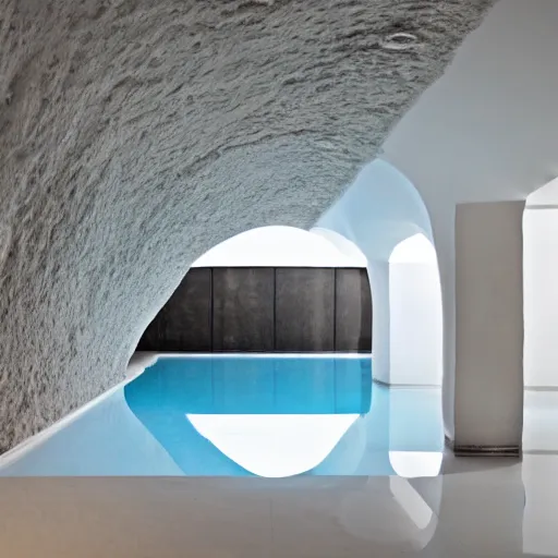 Image similar to an underground pool in an all white room with smooth arched ceilings and doorways, liminal space, dark lighting,